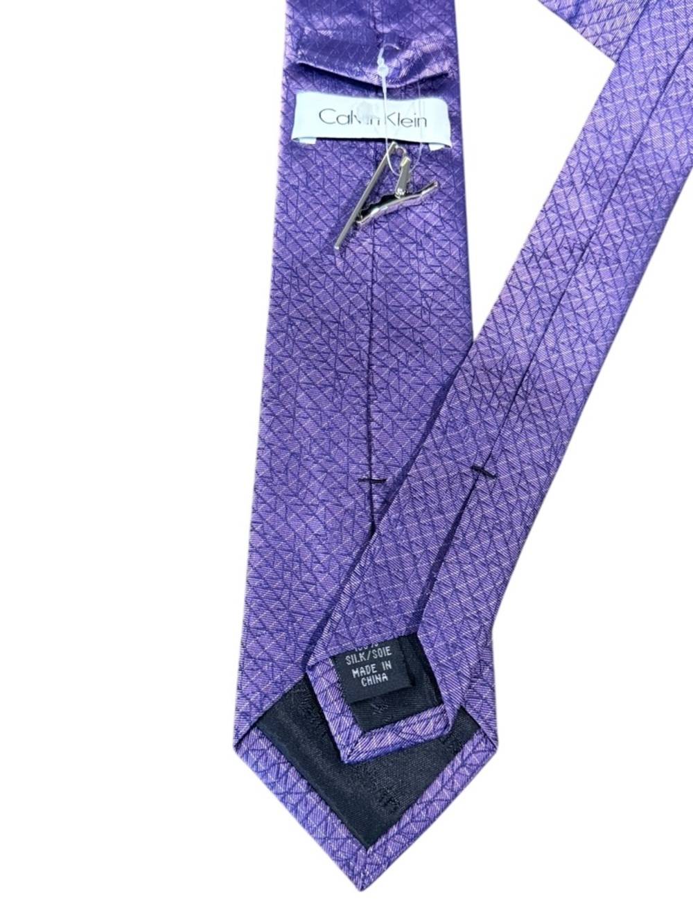 Calvin Klein 100% Silk Necktie Purple Woven Geometric Slim Cut + Tie Clip NWT - Picture 4 of 6